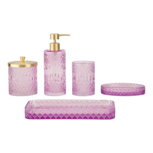 Les accessoires de salle de bain en verre violet et bleu ont une forme ronde avec un modèle mixte.