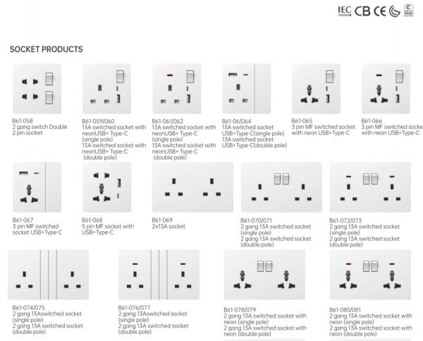 Factory Wholesale 10A, 13A, 16A, 20A, 45A New Design PC Ultra-thin Modern Luxury Wall Switch Socket