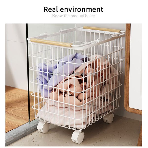 Iron Wire Laundry Hamper With Rolling Wheels Free Standing Storage Basket Dirty Clothes Cart Sorter Bathroom Washing Organizers