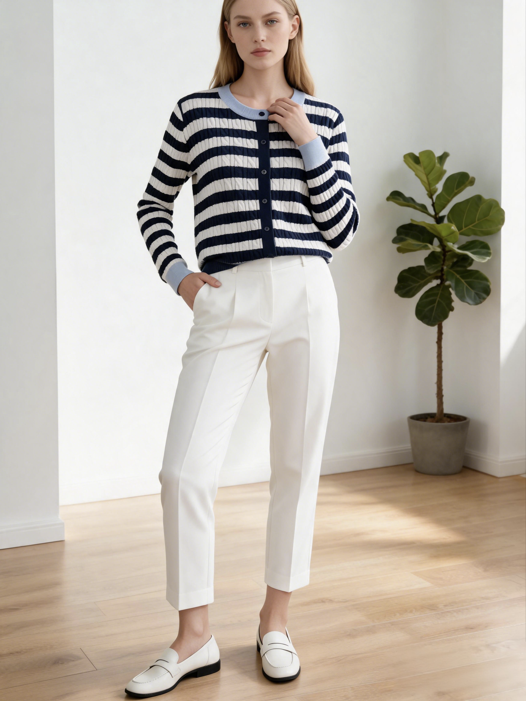 Custom Ladies 12G Computer Knitted Cardigan with Good Elasticity and Navy White Stripe Contrast Trim