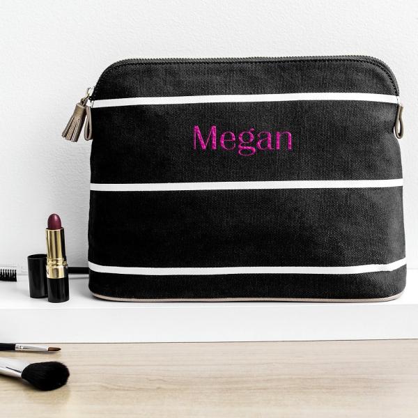 Personalized Blue Stripe Cotton Canvas Cosmetic Bag Bag