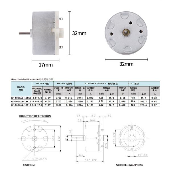 FT-500 DC Electric Motors 3V-24V High Speed 2500-1000RPM Automatic Spray Motors