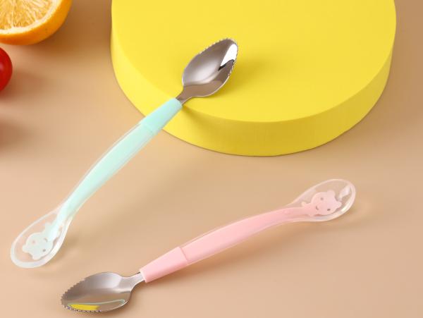 wholesale Cartoon Design Printing Handle Baby Kids Spoon And Fork Set Stainless Steel silicon handle cute flatware set
