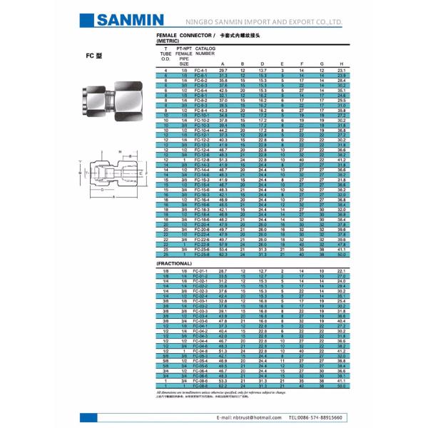 Тип трубопровод приспосабливая высококачественное Саньмин ФК штуцера трубки нержавеющей стали 316Л разъем-розетки