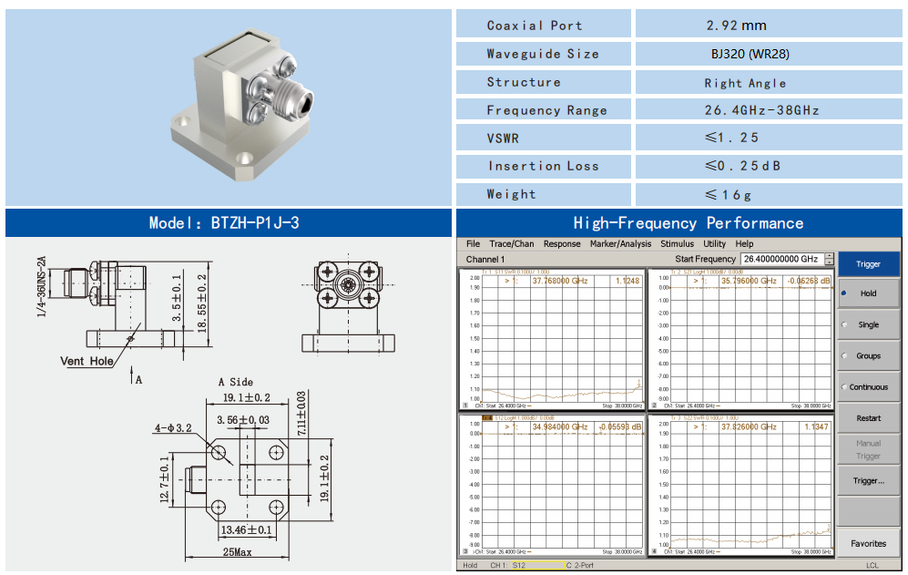 BJ320/WR 28 Waveguide to 2.92mm K Type Adapter 26.4GHz~38GHz Right Angle Aerospace RF Connectors Using for Ka Band