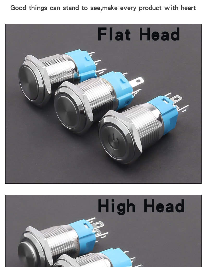 16mm Latching/Momentary Metal Push Button Switch Copper Nickel Plated Shell 1NO1NC With LED Lights 5Pins High/Flat Head