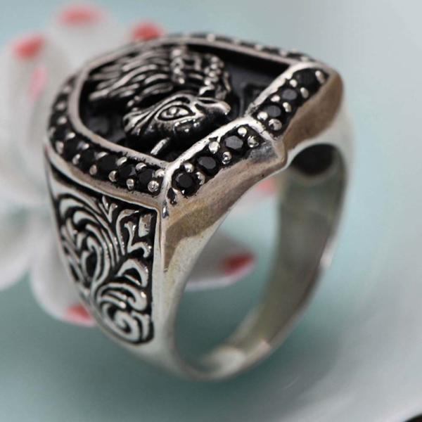 Retro Sterling Silver Engraved Unicorn Pave Black Cubic Zircon Men Ring (043890)
