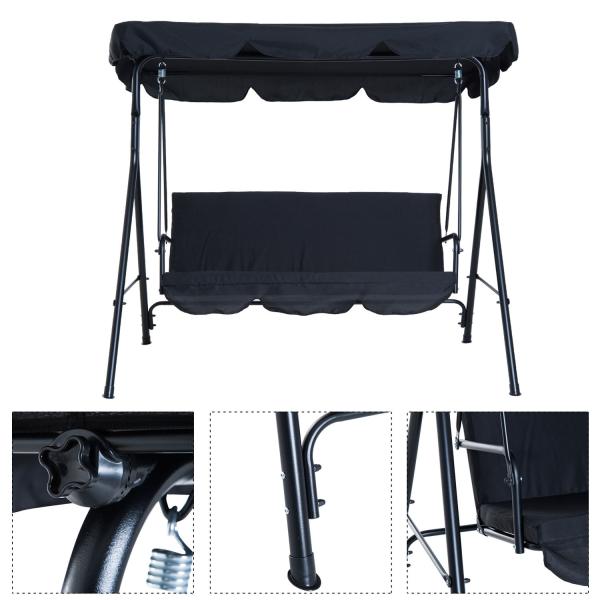 Polyester Cushion AJUNION 3-seater Garden Hanging Swing Chair with Metal and Canopy