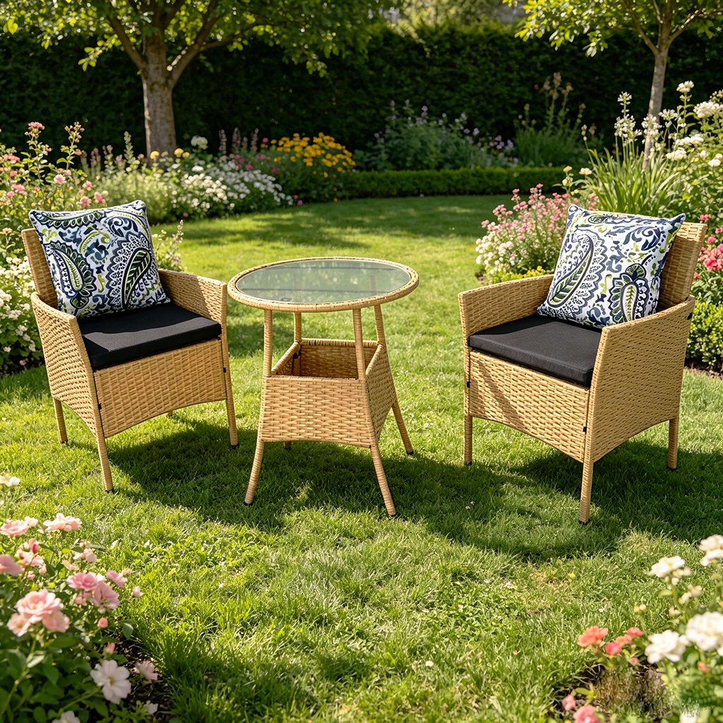 Wholesale 3 Piece Set with Cushions Poly Rattan Fresco Dining or Lounging in the Garden Small Size Table and Chairs