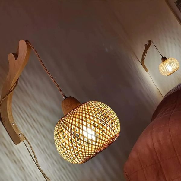 Natural Rattan Wicker Hand-Woven  Bamboo Lantern Wall Lamp with plug  (WH-VR-136)