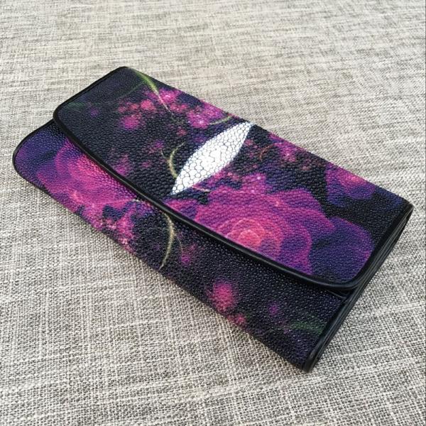 Thailand Authentic Stingray Skin Women's Large Wallet Genuine Leather Female Flower Clutch Purse Lady Card Holder