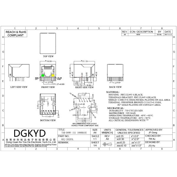 Metal Shielded Cat6a Ethernet Connector Female RJ45 With Transformer, G/Y LED KRJ-202ENL