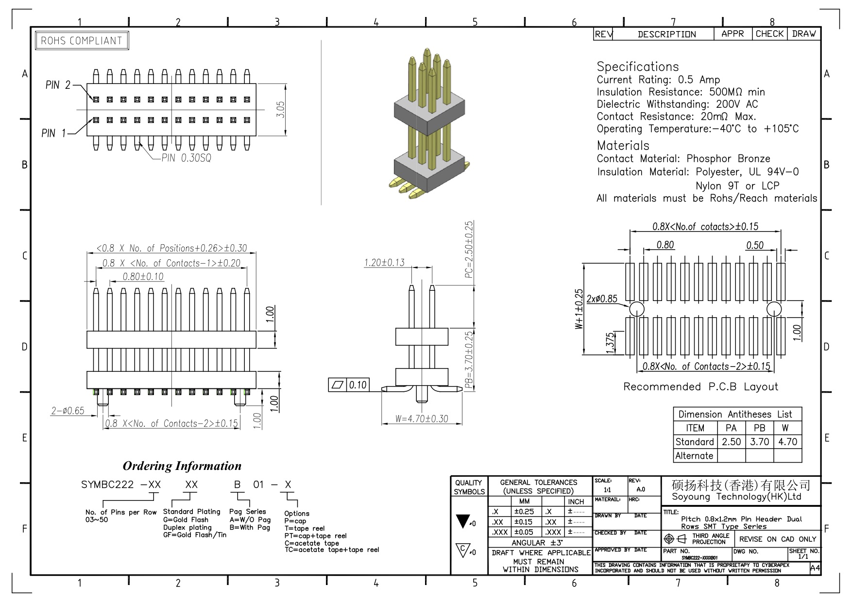 2*3PIN к стогу прямому SMT строки соединителей 0.80mm заголовка Pin 2*50PIN двойному