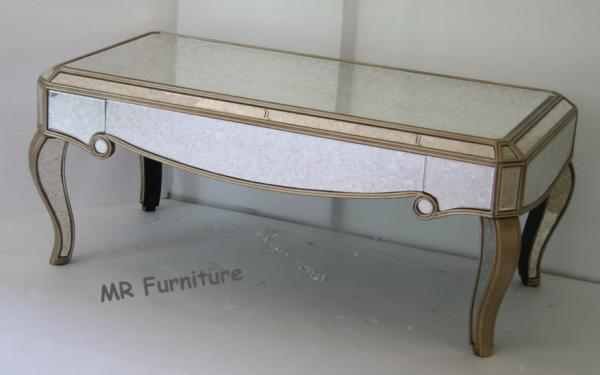 Antique Mirror Couch Table , Rectangle Gold And Mirror Coffee Table Wood Leg