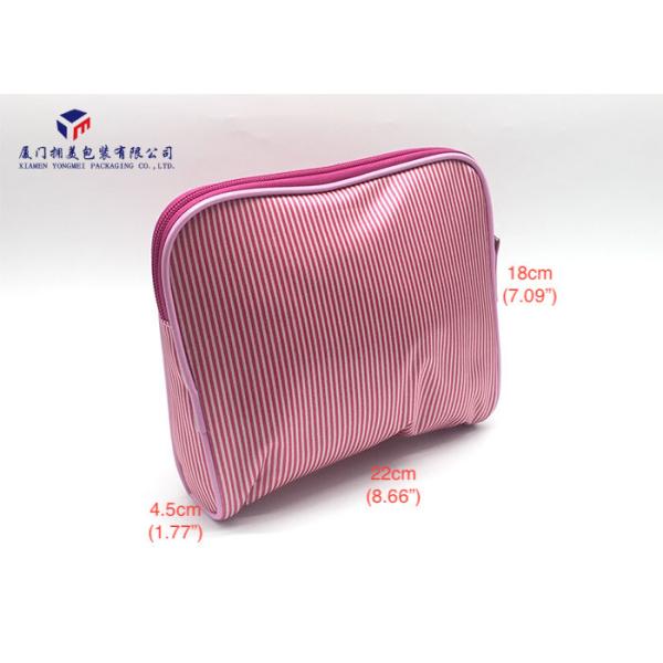 Modern Style Fabric Makeup Bag Pink White Stripe Satin Cloth Size 22X4.5X18cm