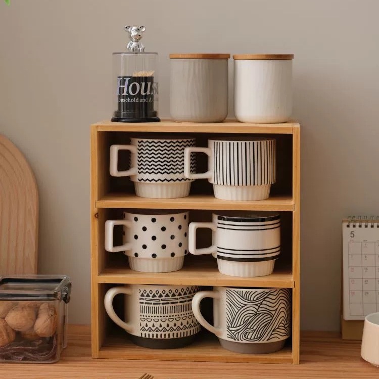 Solid Bamboo Desktop Storage Box with Dust-proof Feature Multi-layered for Office or Living Room for Cup Coffee Tea Pot Use