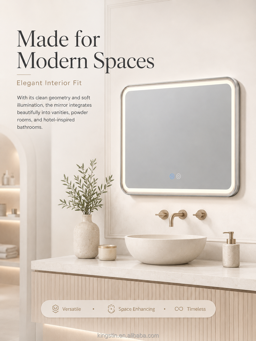 Kingstin Rectangular LED Bathroom Mirror, Dimmable 3-Color, Anti-Fog, Custom Size Metal Frame Smart Vanity Mirror