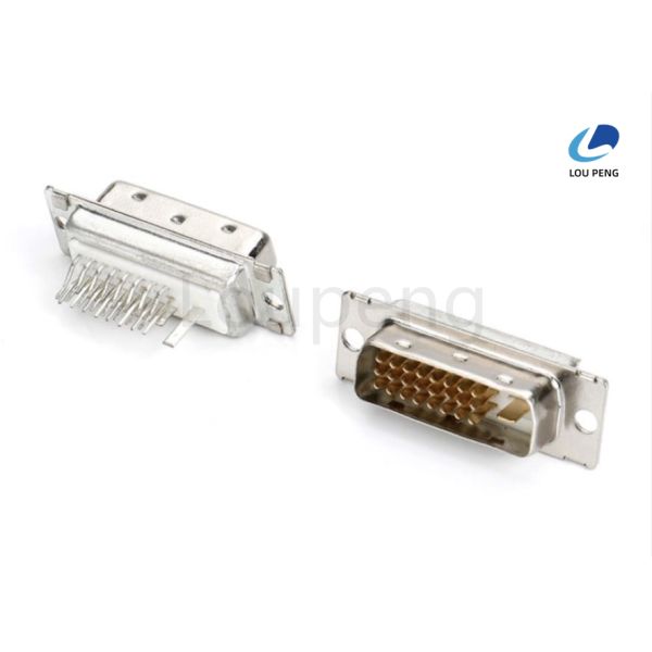 DVI 24+1pin male connector with clip-on design, semi-metallic finish, white glue, and riveting.