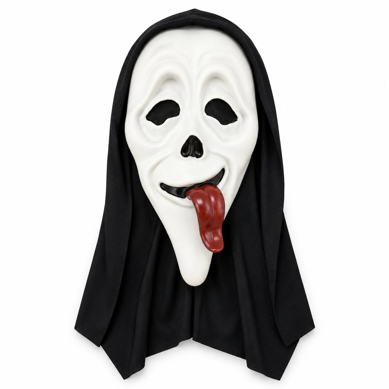 PVC Tongue Scream Mask with Black Hood, White Ghost Face Horror Party Mask, Funny Scary Halloween Cosplay Face Cover for Masquerade, Festival Costume, Stage Props and Photo Video Scenes