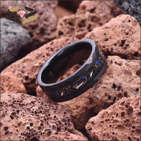 Anniversary Gift Black Hammered Tungsten Ring 8mm With Opal And Meteorite Inlay