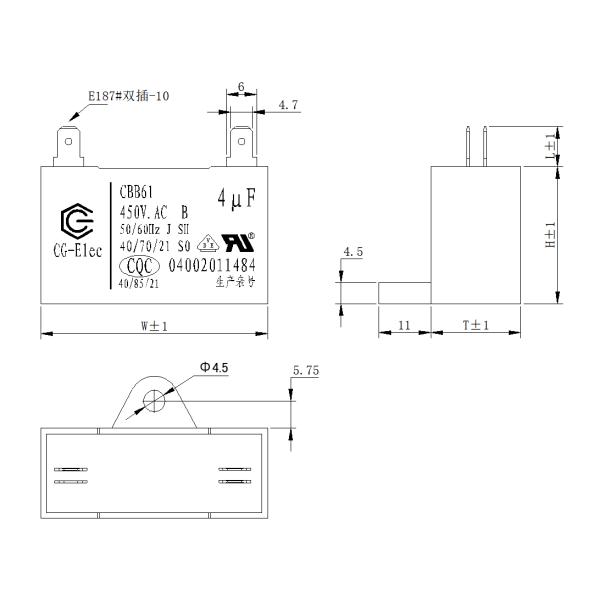 CBB61 Кондиционер Вентилятор конденсатор 450V 4.0UF Ac Конденсатор B-класс 40 / 85 / 21