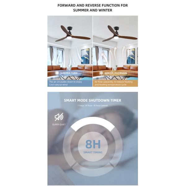 Indoor Remote Control 1500LM Solid Wood Ceiling Fan Light 120V 3000-5000K