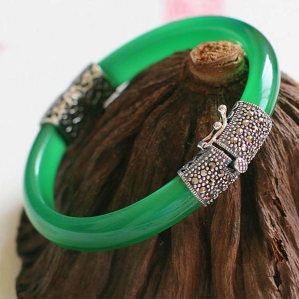 Women Vintage Jewelry Sterling Silver Zirconia Bangle Bracelet (015741GREEN)