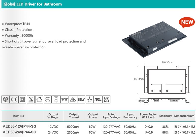 12V/24V Global IP44 Bathroom LED Driver 30W/60W/80W/90W with CE UKCA Approval