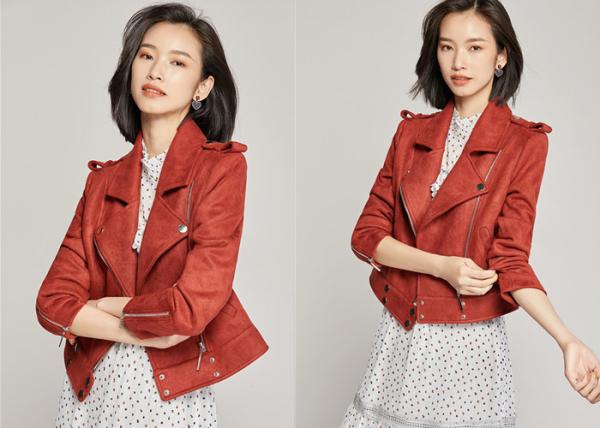 Polyester Shell Red Suede Faux Leather Jacket Ladies Womens Casual Wear