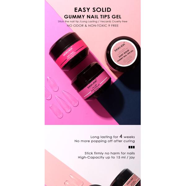 Pegamento de gel sólido vegano para puntas de uñas en frasco, 8-free, postizas, falsas, de remojo, de gel suave, para extensión de uñas, aplicador, de larga duración