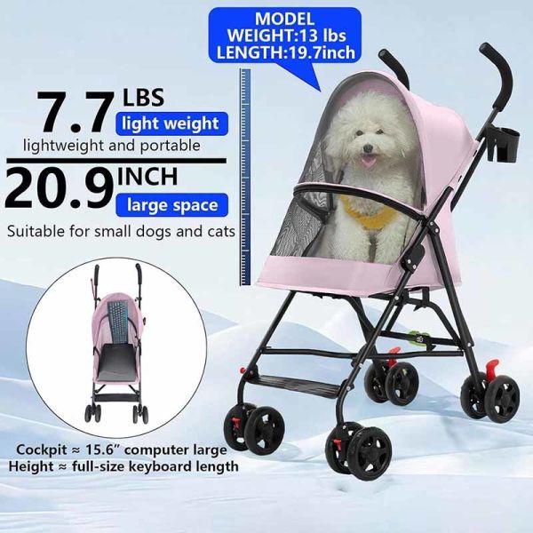 Foldable Travel Pet Stroller Lightweight Durable Safe Cat Dog Pushchair with Breathable Mesh