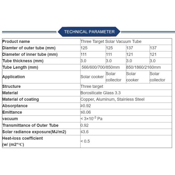 137*610mm Solar Thermal Evacuated Tube With Three Targets For Solar Grill