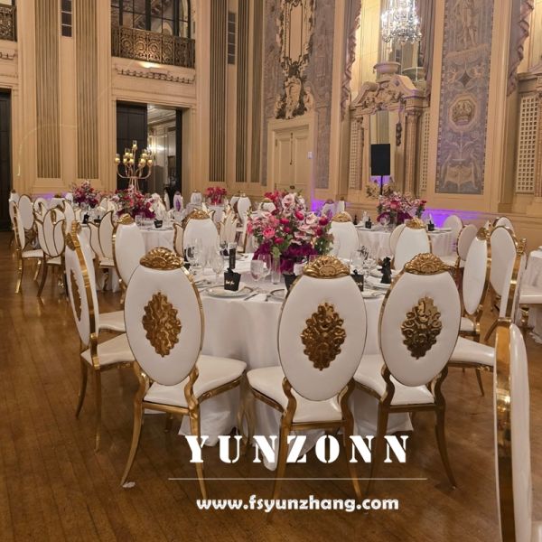 Modern Gold Stainless Steel Oval Back Chair with Leather for Dining Hall Hotel and Wedding Contemporary Style for Apartment