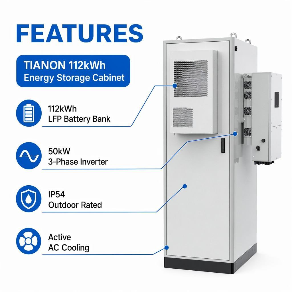 112kWh Industrial Commercial LiFePO4 ESS Cabinet Factory Peak Shaving Solar Backup Energy Storage System - Tianon