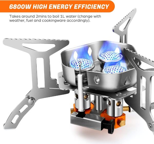 6800W Windproof Camp Stove Camping Gas Stove with Fuel Canister Adapter, Piezo Ignition, Carry Case, Portable