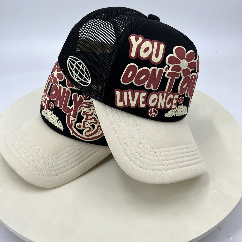 Printed Foam Mesh 5 Panel Trucker Cap Puff Printing Snapback Structured Cap