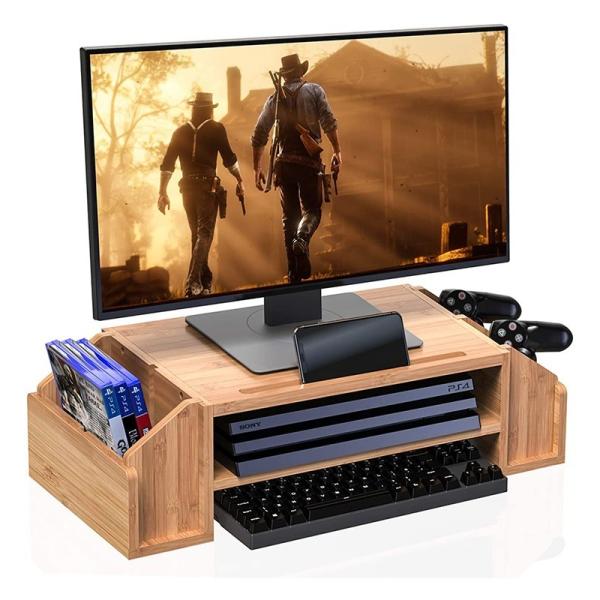 Conveniente suporte de monitor de bambu de 2 camadas com 58*25*16cm Caixa de armazenamento multifuncional