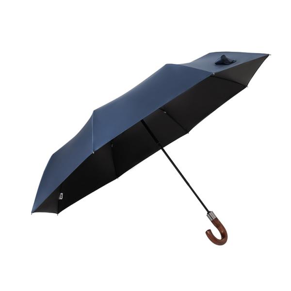 8 Ribs Fiberglass Automatic 3 Fold Umbrella With Wood Handle