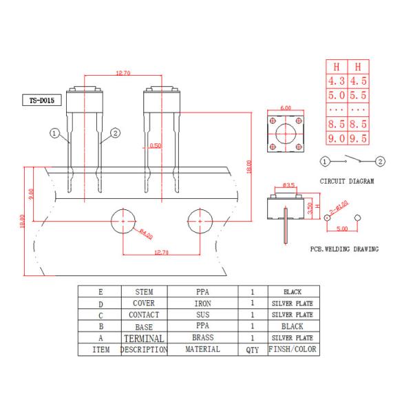 Round Long Foot PCB Tactile Switch , Momentary Push Button Switch 12 V
