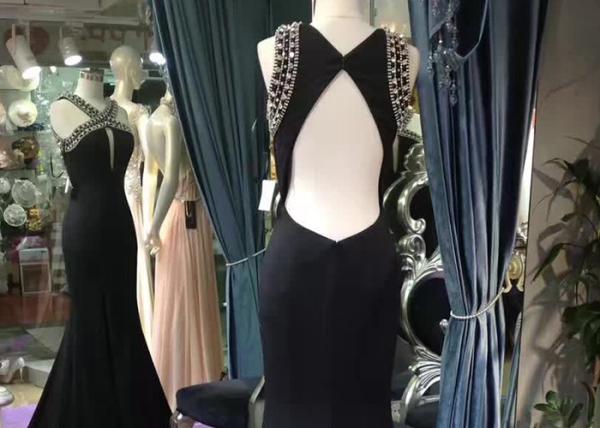 Unique Black Mermaid Style Prom Dress ,  Sleeveless Beaded Ball Gown Top Hollow