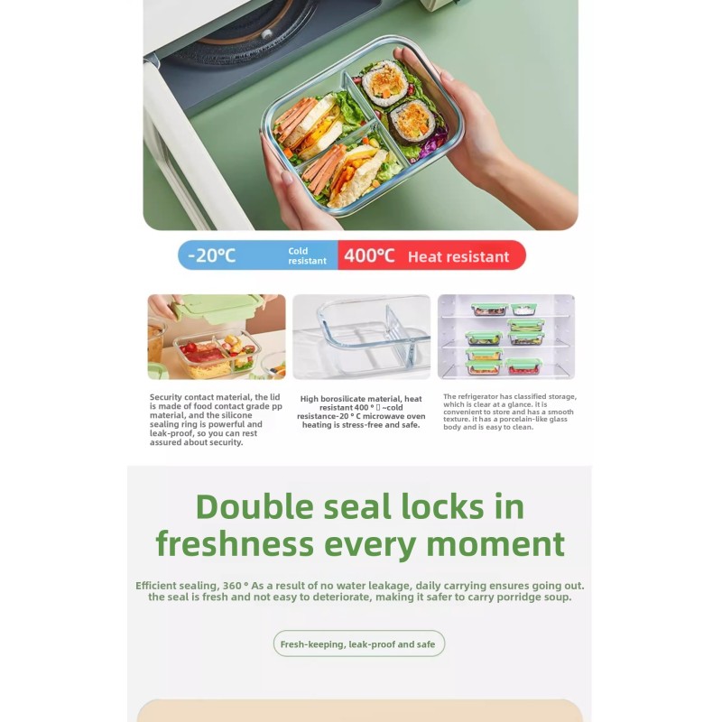 Microwave Safe Bento Box Heatable Food Box with Glass Bowl and Plastic Lids for Office Workers