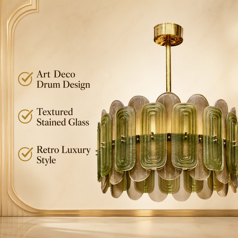 JYLIGHTING Vintage Tiered Oval Glass Pendant Light, Iron Frame Drum‑Style Chandelier for High‑End Restaurant, Hotel Dining Area & Luxury Residential Interior Decoration