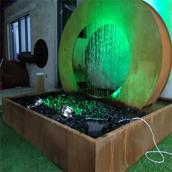 Round Waterfall Cascade Corten Steel Water Feature Fountain With LED Light