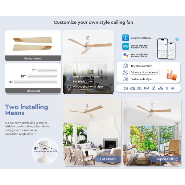 52 Inch Solid Wood Ceiling Fan with Premium Wood Blades and 6-Speed Remote Control