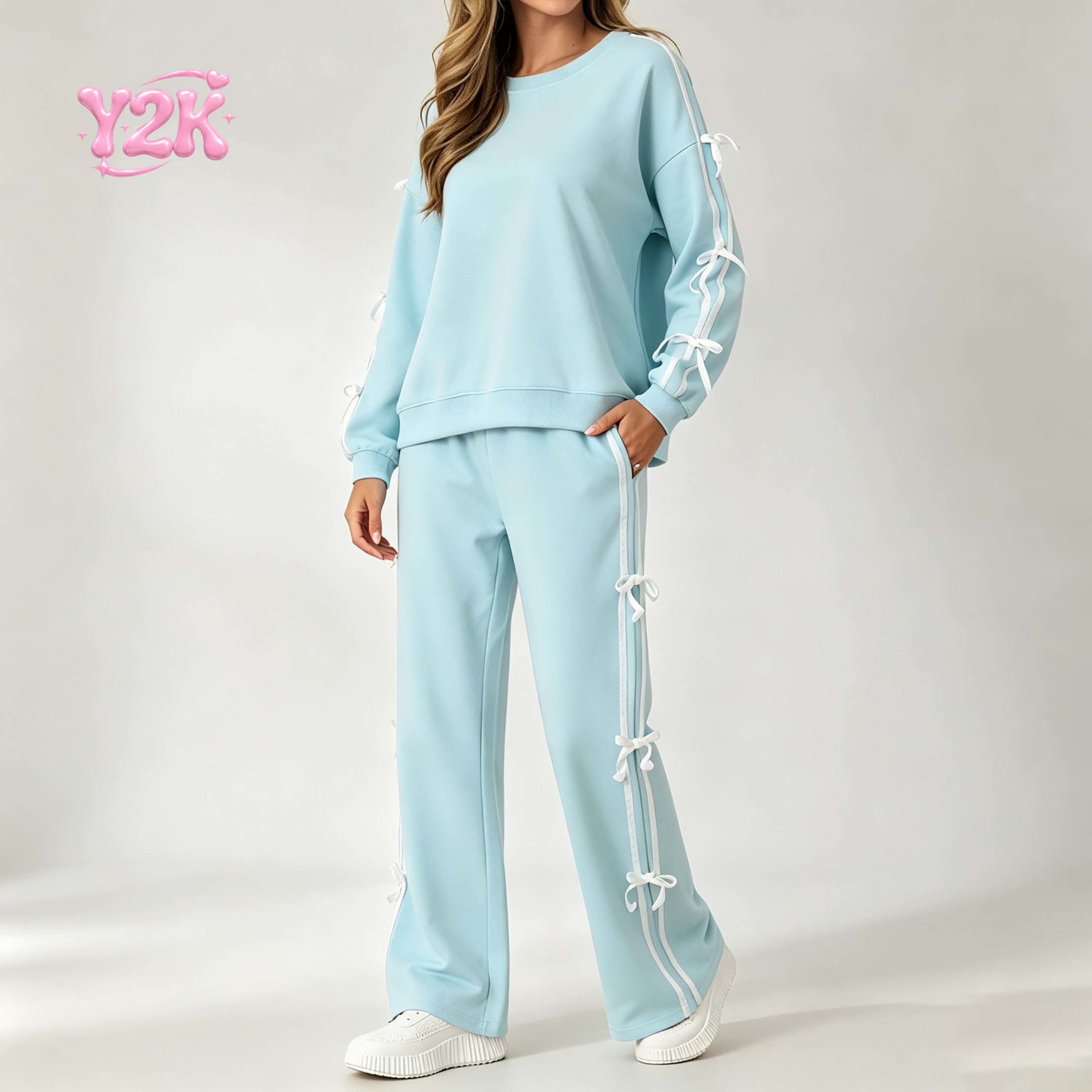 Custom Women's Bow Detail Sweatshirt Wide Leg Pants Set