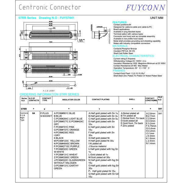 64 Pin Centronic PCB Right Angel Female connector Certificated UL