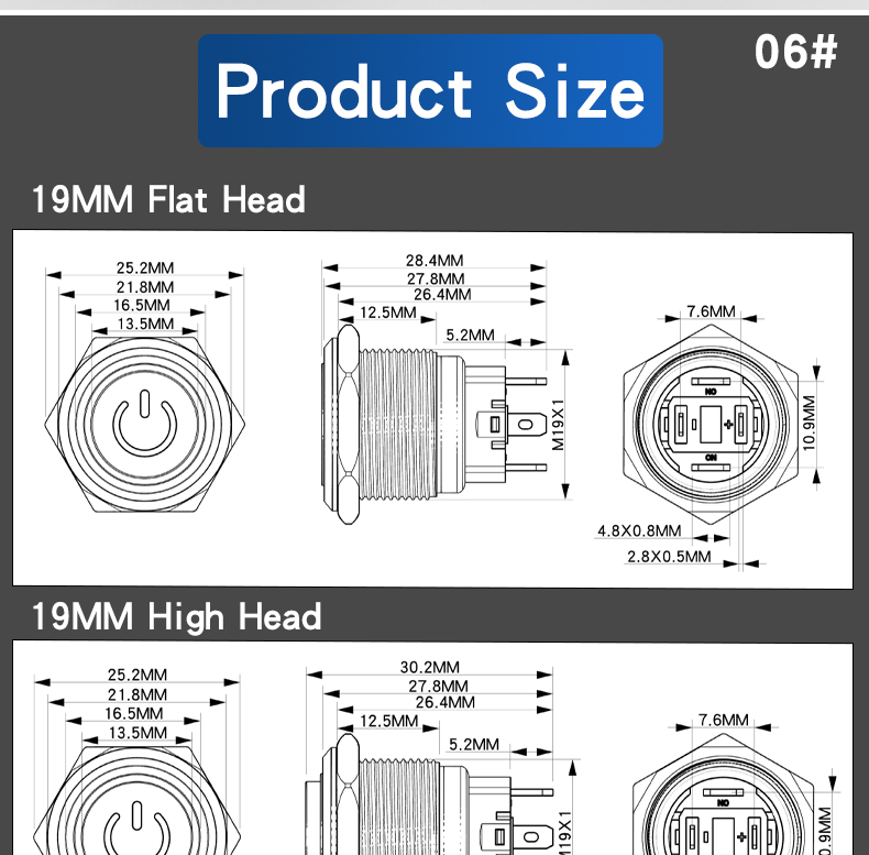 19mm Metal Push Button Switch 15A High Current Self-Locking 1NO Contact Alumina Black Shell IP65 LED Compact Design Control