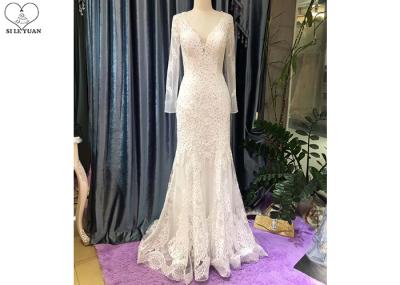 Deep V Neck Mermaid Style Prom Dress / Long Sleeve See Ivory Lace Evening Gown