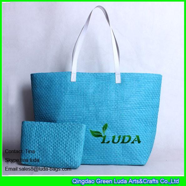 LUDA blue handbags wholesale large paper straw handbags with outside pocket
