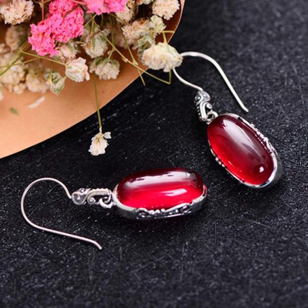 Sterling 925 Silver Retro Oval Synthetic Ruby Drop Dangle Earrings (049012)